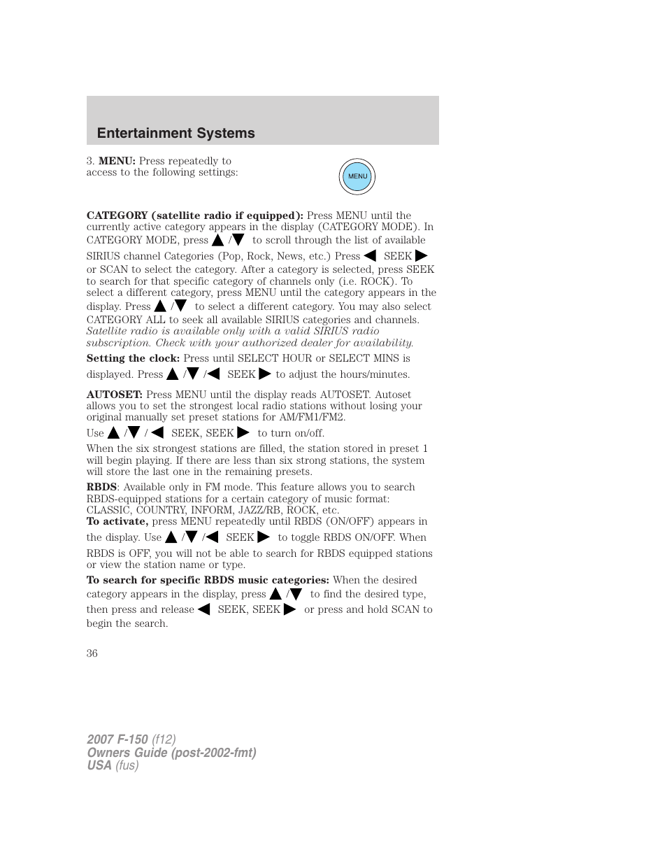 Entertainment systems | FORD 2007 F-150 v.3 User Manual | Page 36 / 376