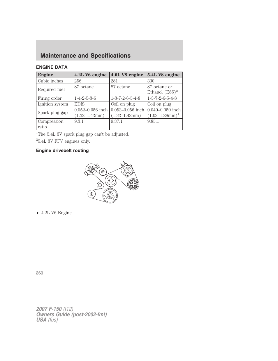 Engine data, Engine drivebelt routing, Maintenance and specifications | FORD 2007 F-150 v.3 User Manual | Page 360 / 376