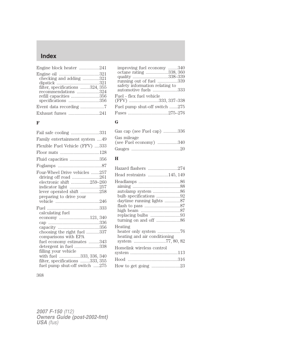 Index | FORD 2007 F-150 v.3 User Manual | Page 368 / 376