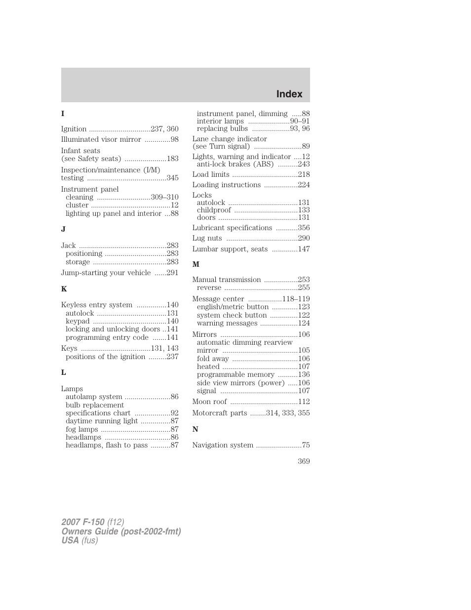 Index | FORD 2007 F-150 v.3 User Manual | Page 369 / 376