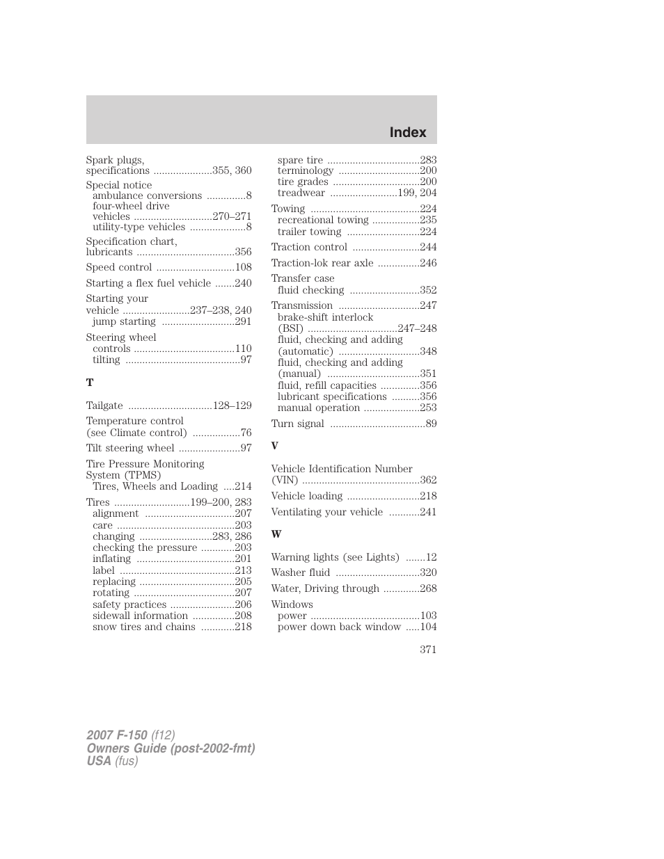 Index | FORD 2007 F-150 v.3 User Manual | Page 371 / 376
