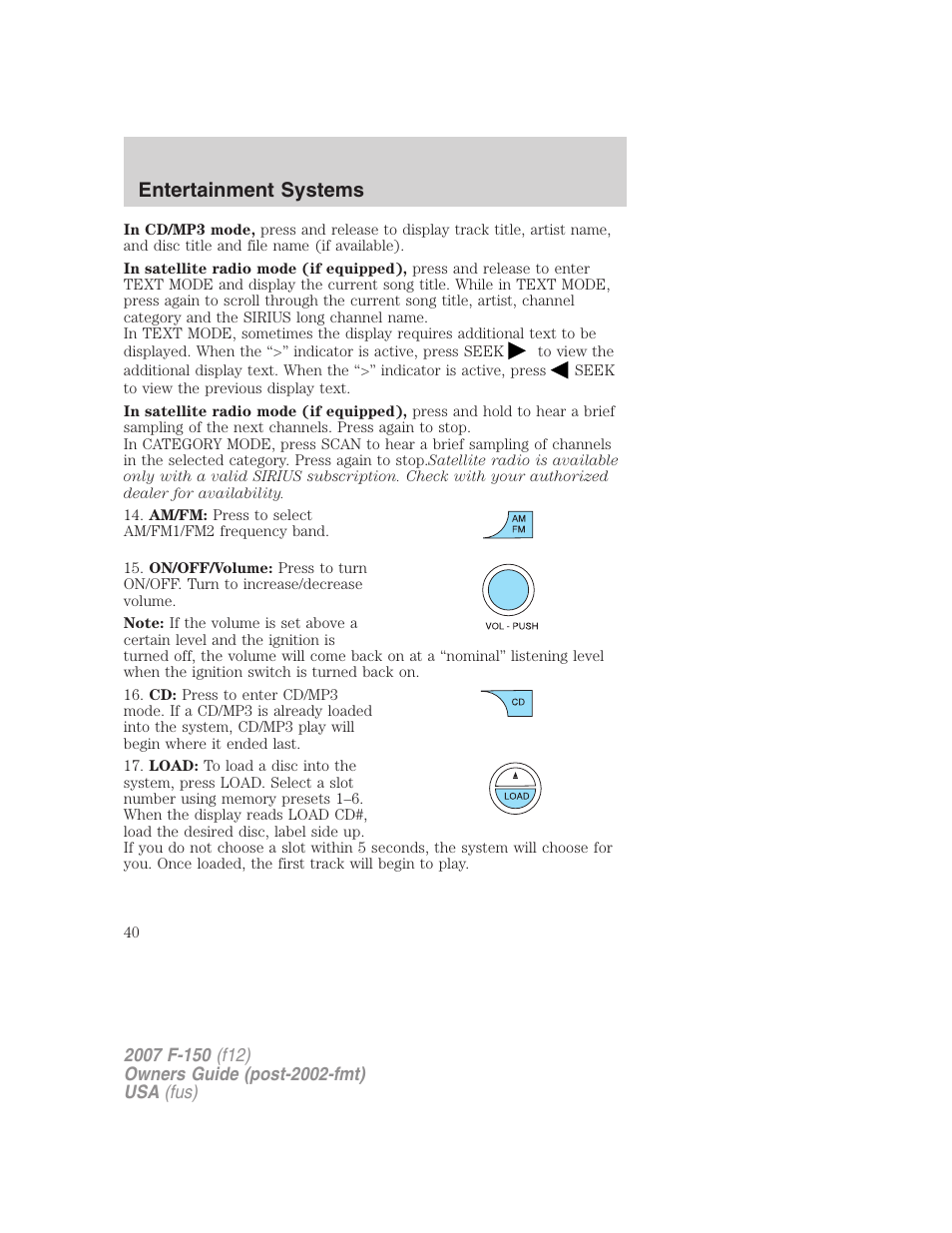Entertainment systems | FORD 2007 F-150 v.3 User Manual | Page 40 / 376