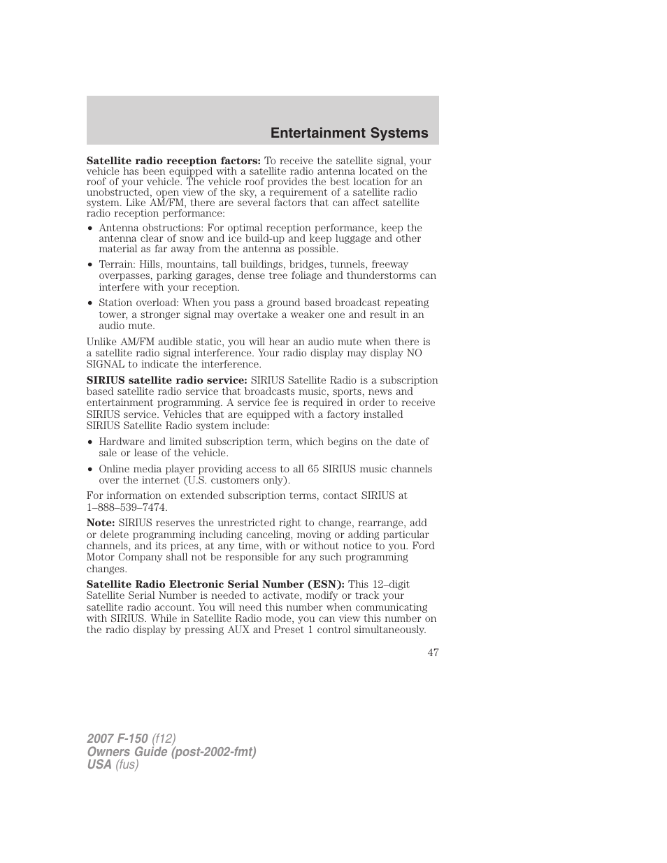 Entertainment systems | FORD 2007 F-150 v.3 User Manual | Page 47 / 376