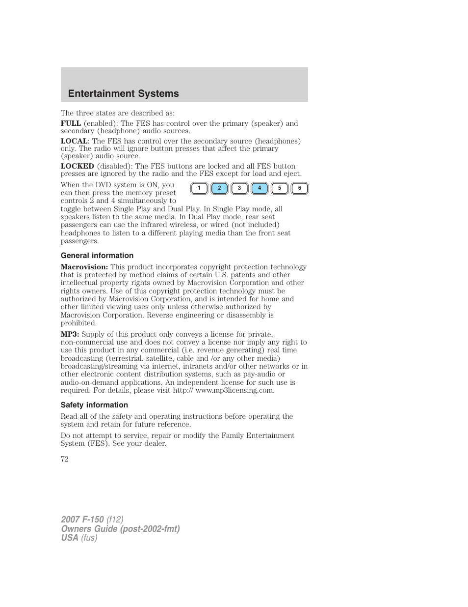 General information, Safety information, Entertainment systems | FORD 2007 F-150 v.3 User Manual | Page 72 / 376