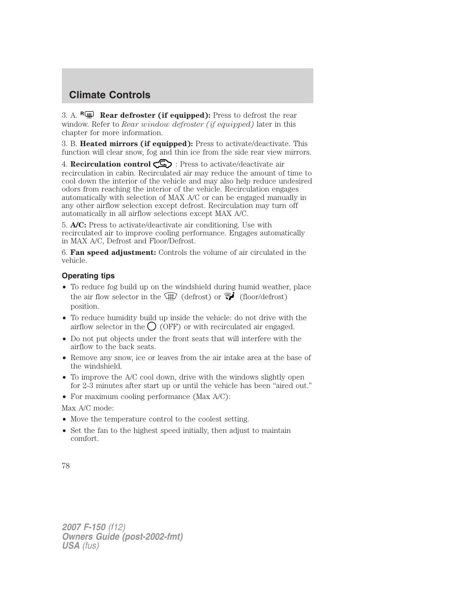 Operating tips, Climate controls | FORD 2007 F-150 v.3 User Manual | Page 78 / 376