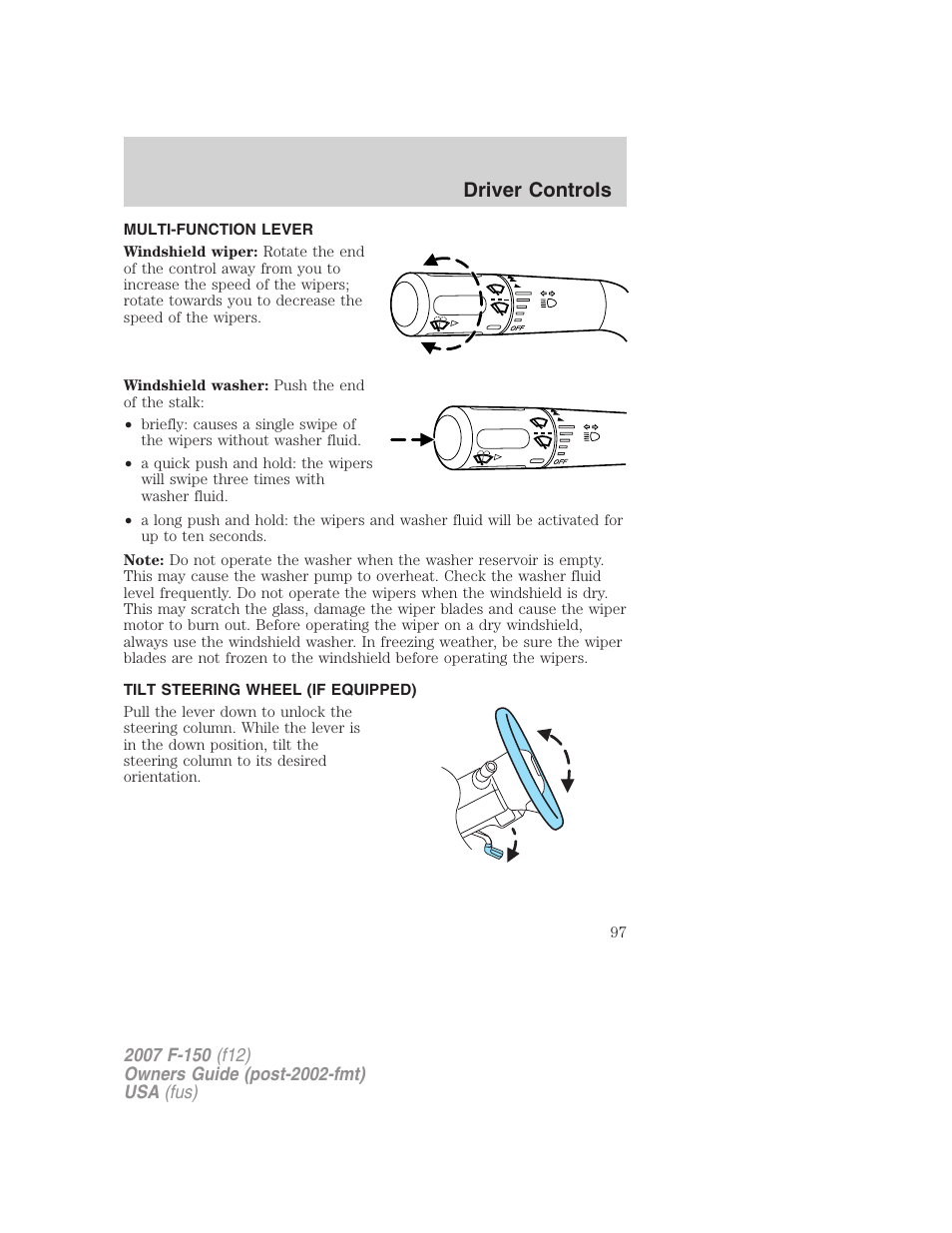 Driver controls, Multi-function lever, Tilt steering wheel (if equipped) | Windshield wiper/washer control, Steering wheel adjustment | FORD 2007 F-150 v.3 User Manual | Page 97 / 376