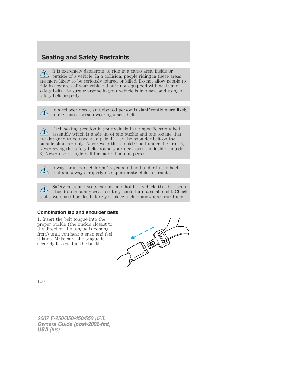 Combination lap and shoulder belts, Seating and safety restraints | FORD 2007 F-550 v.1 User Manual | Page 100 / 312