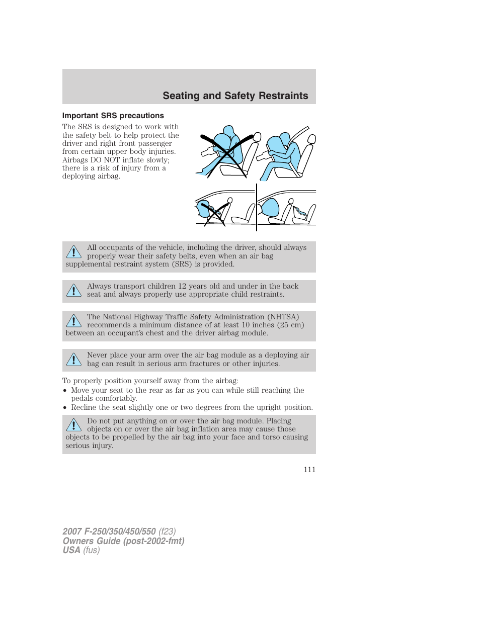 Important srs precautions, Seating and safety restraints | FORD 2007 F-550 v.1 User Manual | Page 111 / 312