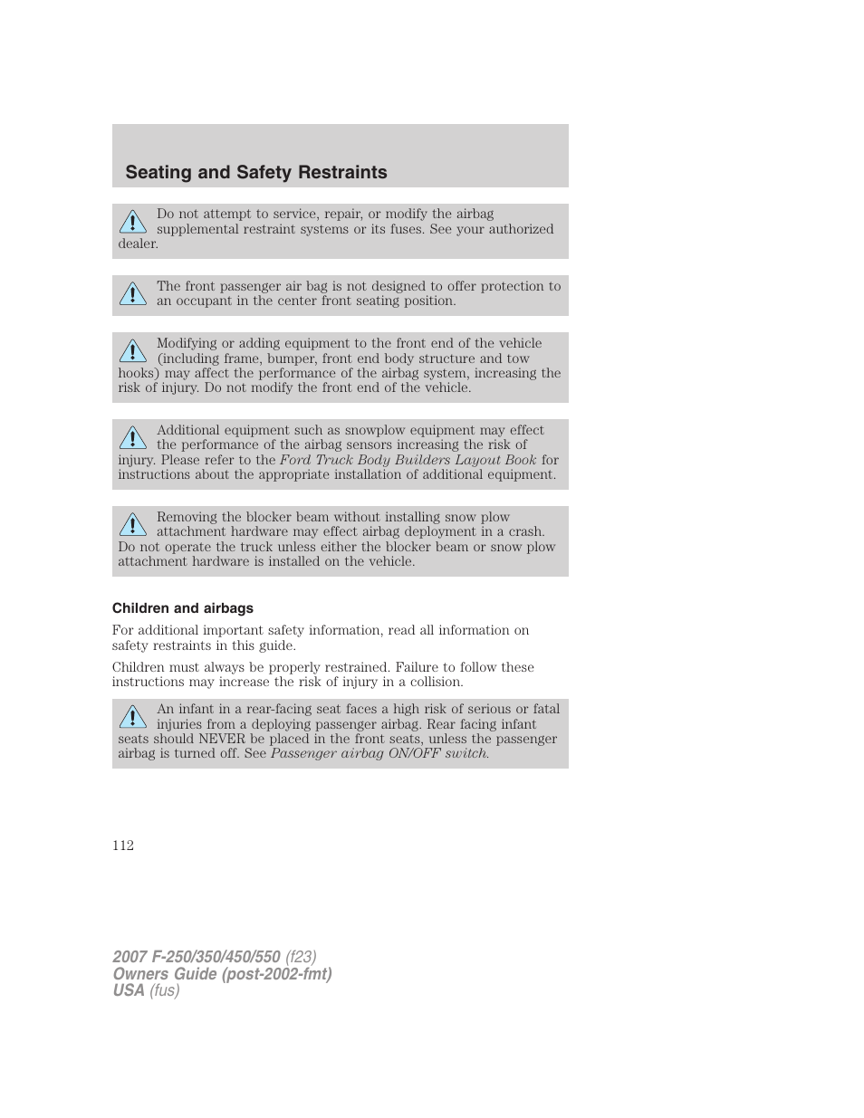 Children and airbags, Seating and safety restraints | FORD 2007 F-550 v.1 User Manual | Page 112 / 312