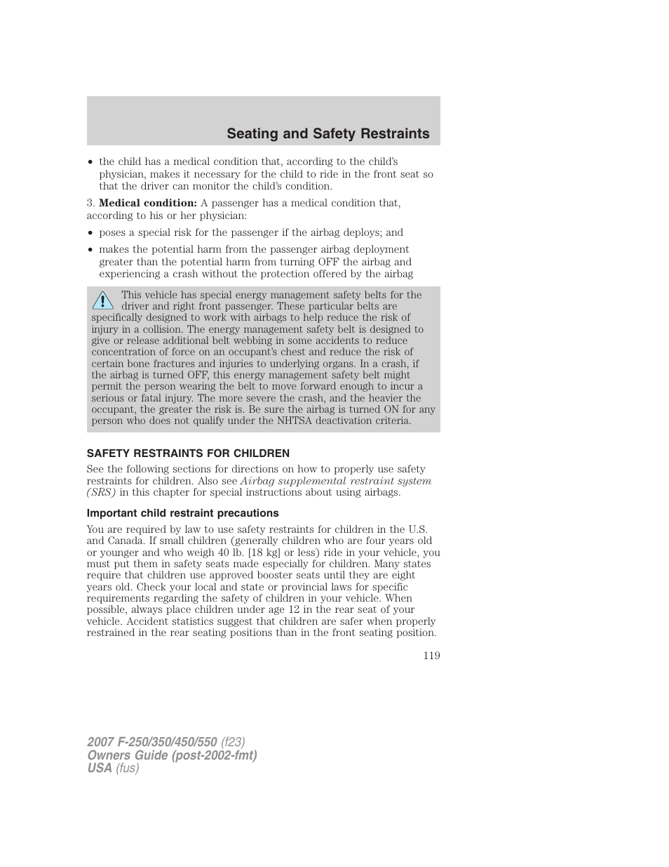 Safety restraints for children, Important child restraint precautions, Child restraints | Seating and safety restraints | FORD 2007 F-550 v.1 User Manual | Page 119 / 312