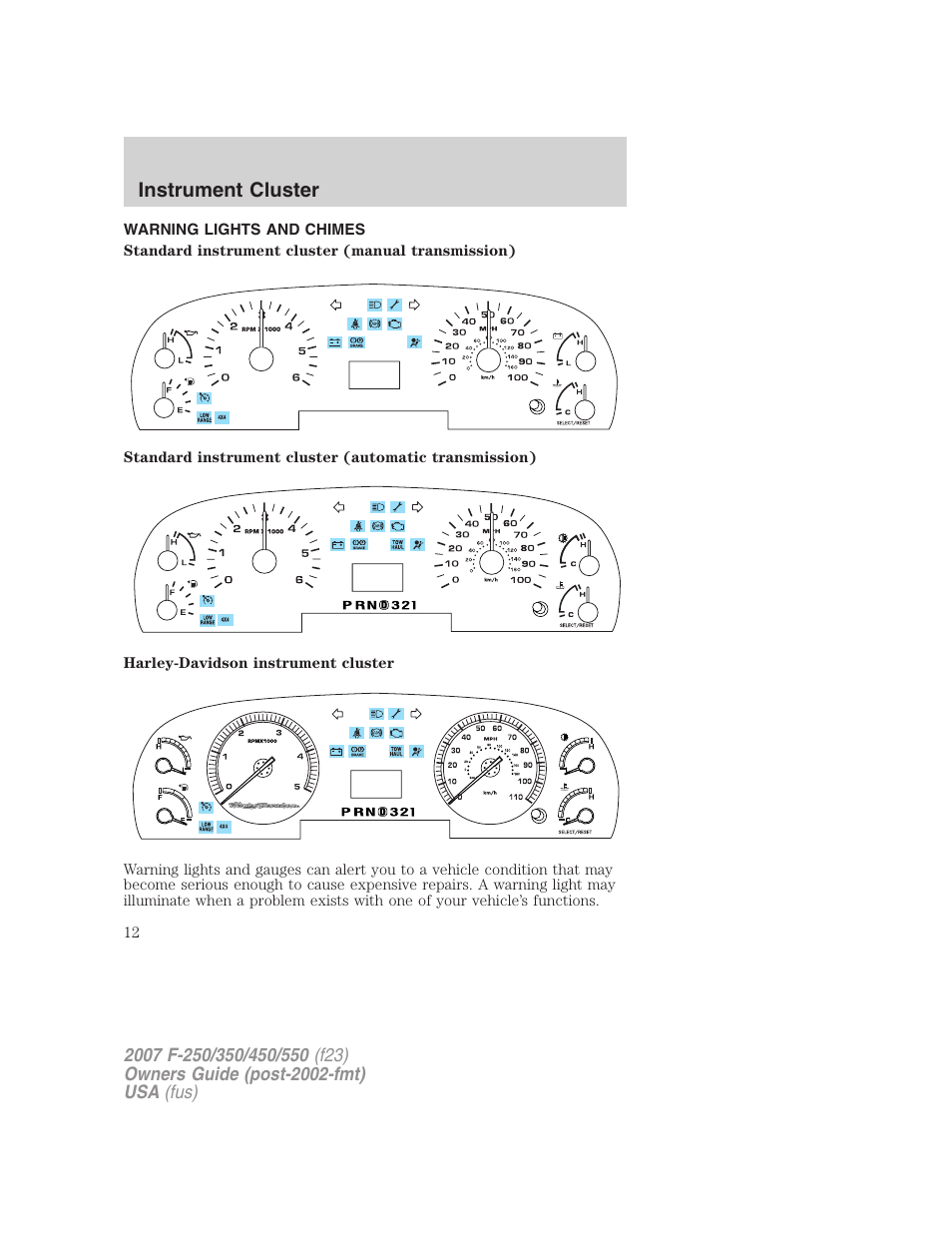 Instrument cluster, Warning lights and chimes | FORD 2007 F-550 v.1 User Manual | Page 12 / 312