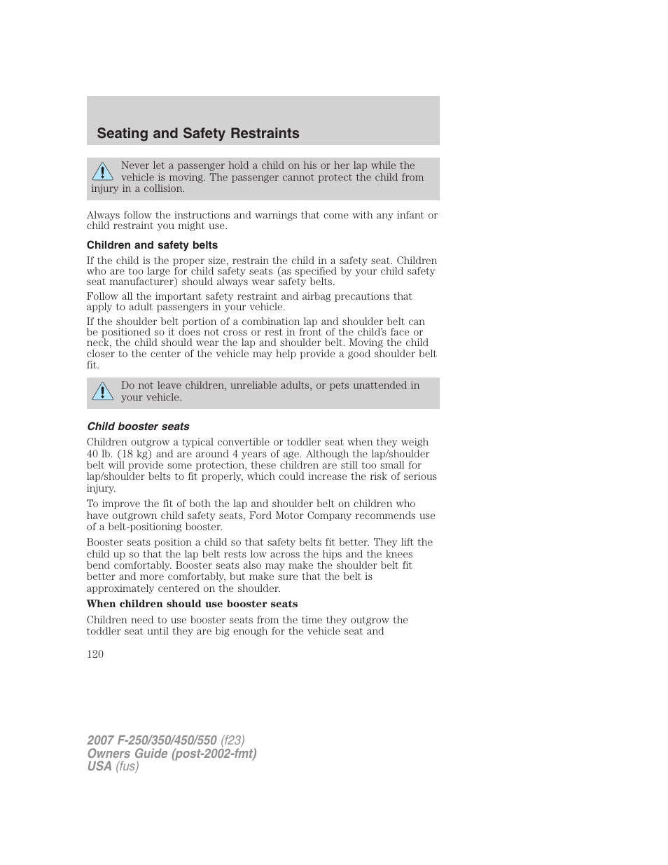 Children and safety belts, Child booster seats, Seating and safety restraints | FORD 2007 F-550 v.1 User Manual | Page 120 / 312