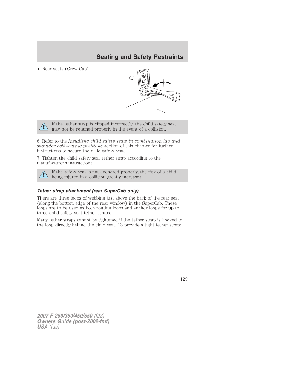 Tether strap attachment (rear supercab only), Seating and safety restraints | FORD 2007 F-550 v.1 User Manual | Page 129 / 312