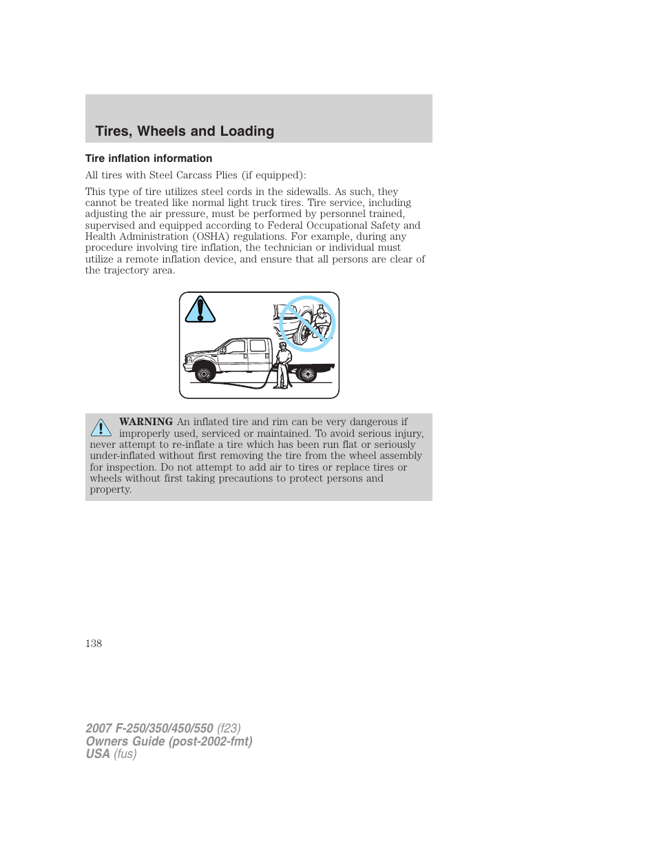 Tire inflation information, Tires, wheels and loading | FORD 2007 F-550 v.1 User Manual | Page 138 / 312