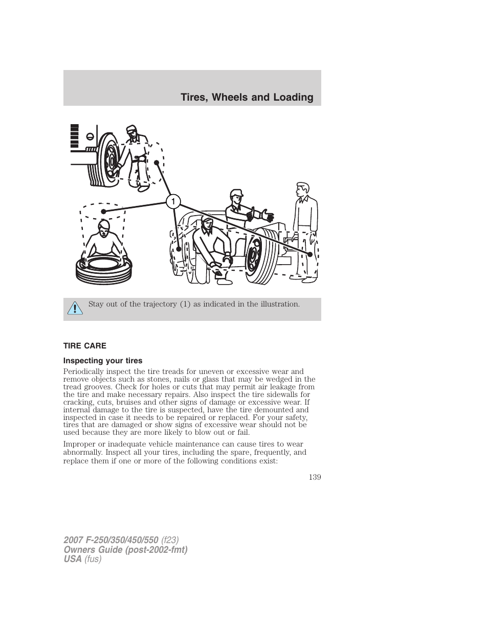 Tire care, Inspecting your tires, Tires, wheels and loading | FORD 2007 F-550 v.1 User Manual | Page 139 / 312