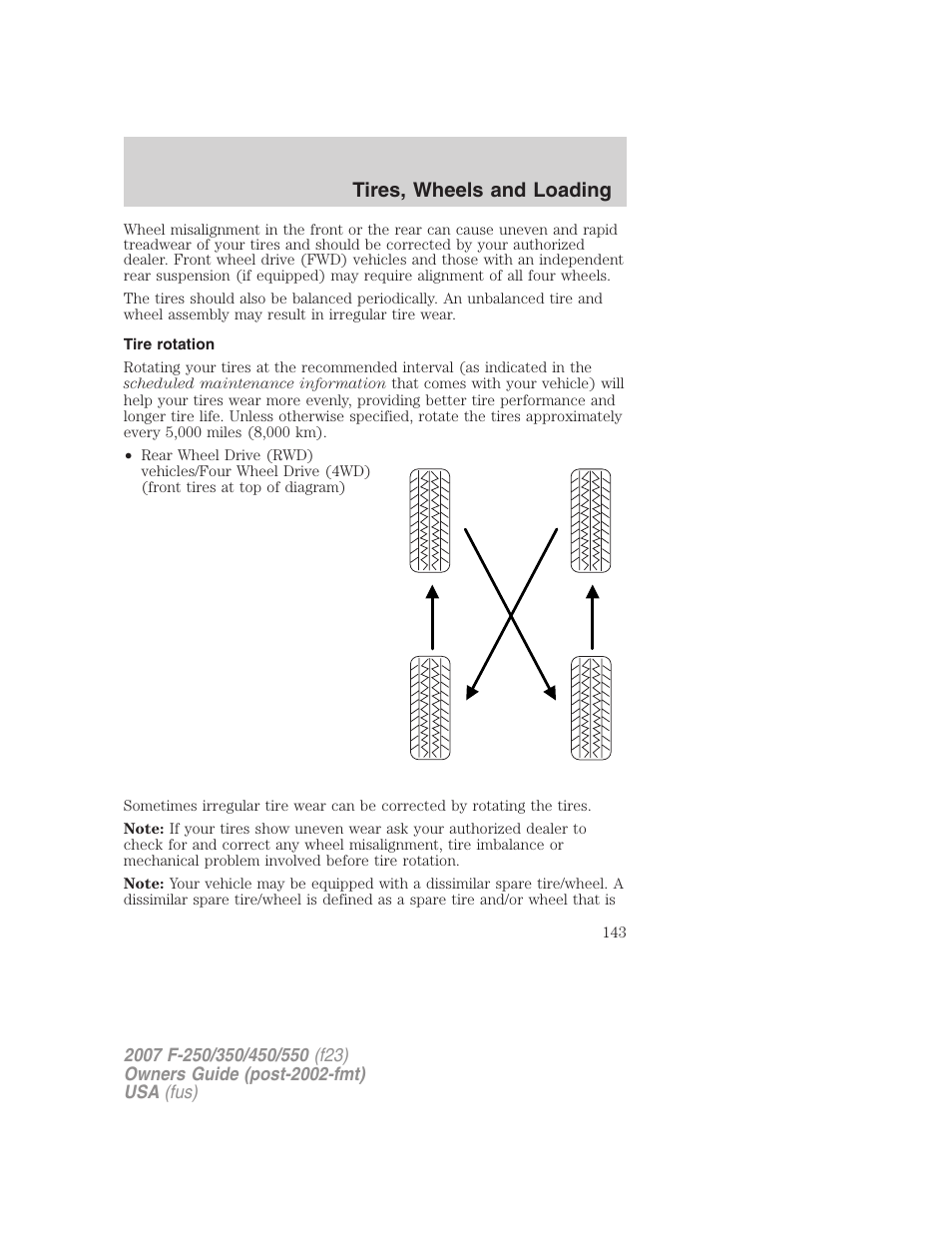Tire rotation, Tires, wheels and loading | FORD 2007 F-550 v.1 User Manual | Page 143 / 312