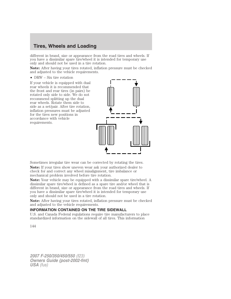 Information contained on the tire sidewall, Tires, wheels and loading | FORD 2007 F-550 v.1 User Manual | Page 144 / 312