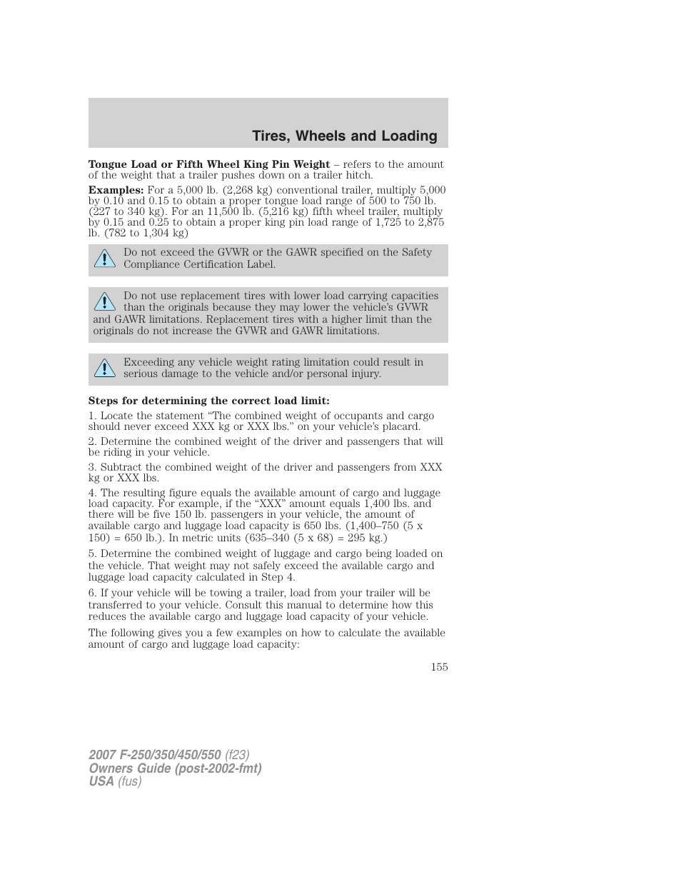 Tires, wheels and loading | FORD 2007 F-550 v.1 User Manual | Page 155 / 312