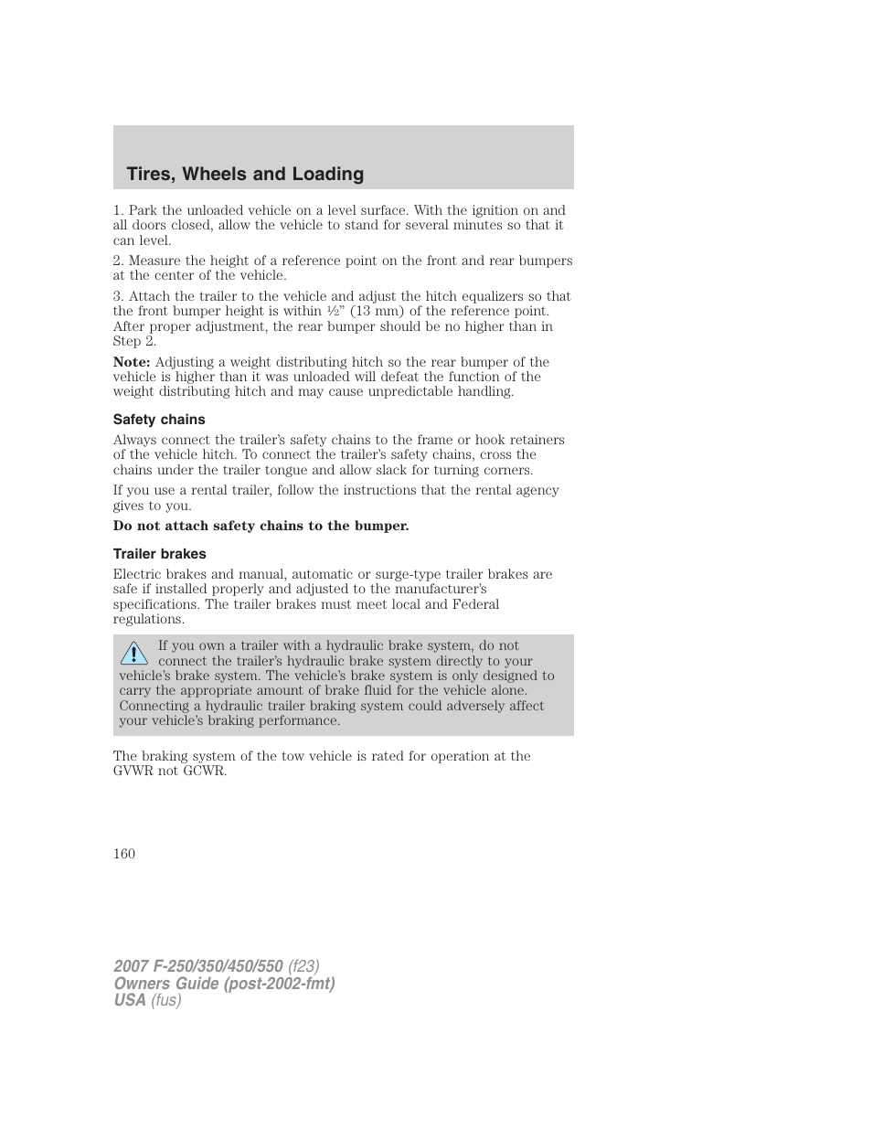 Safety chains, Trailer brakes, Tires, wheels and loading | FORD 2007 F-550 v.1 User Manual | Page 160 / 312