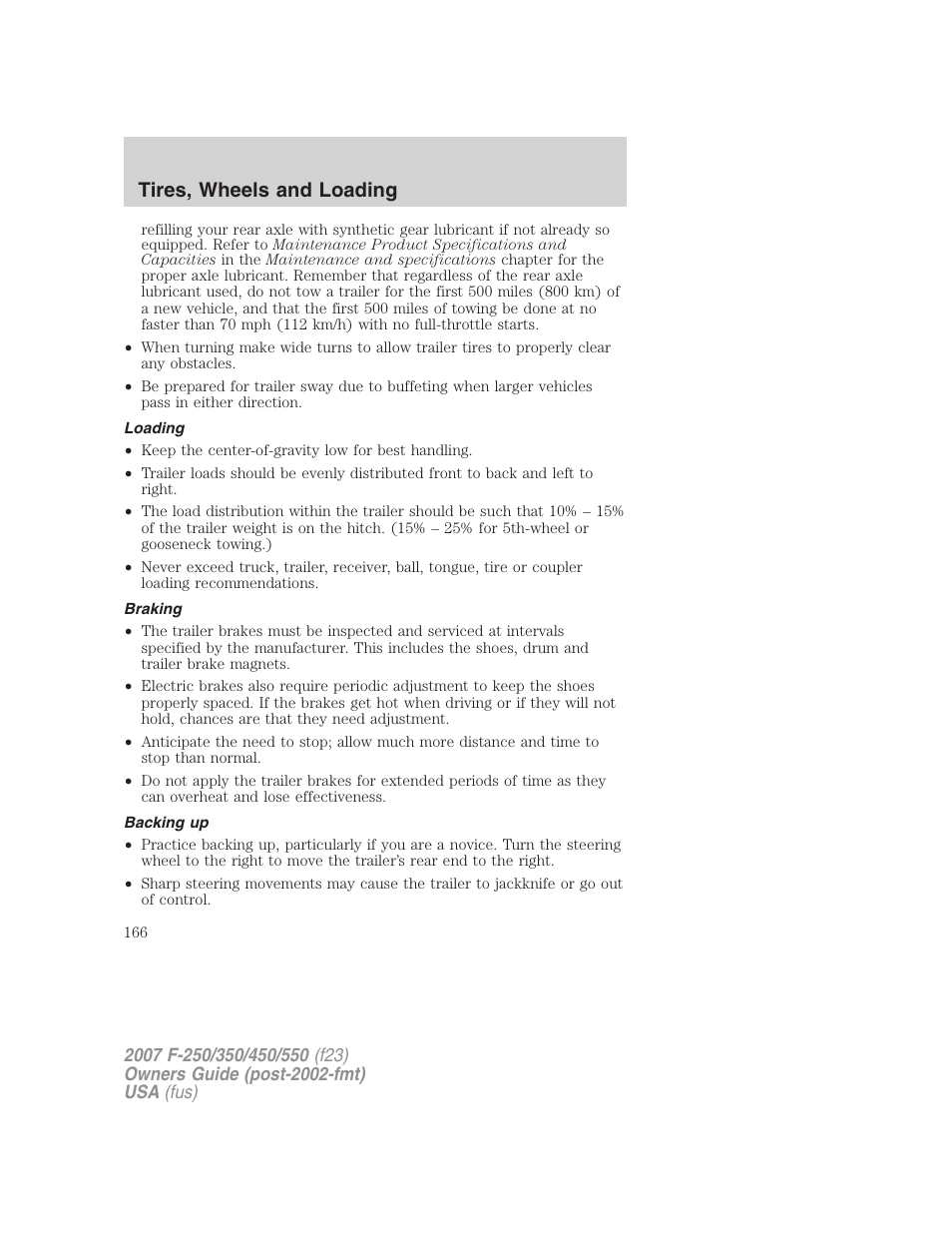 Loading, Braking, Backing up | Tires, wheels and loading | FORD 2007 F-550 v.1 User Manual | Page 166 / 312