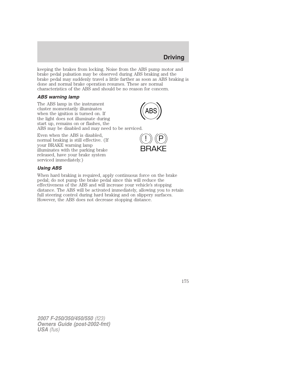 Abs warning lamp, Using abs, Abs p ! brake | FORD 2007 F-550 v.1 User Manual | Page 175 / 312