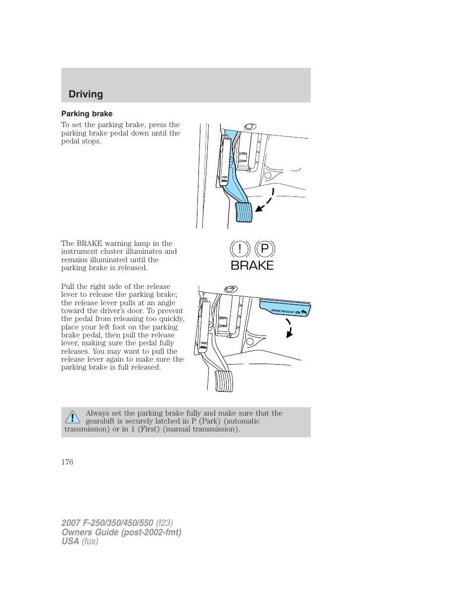 Parking brake, P! brake | FORD 2007 F-550 v.1 User Manual | Page 176 / 312