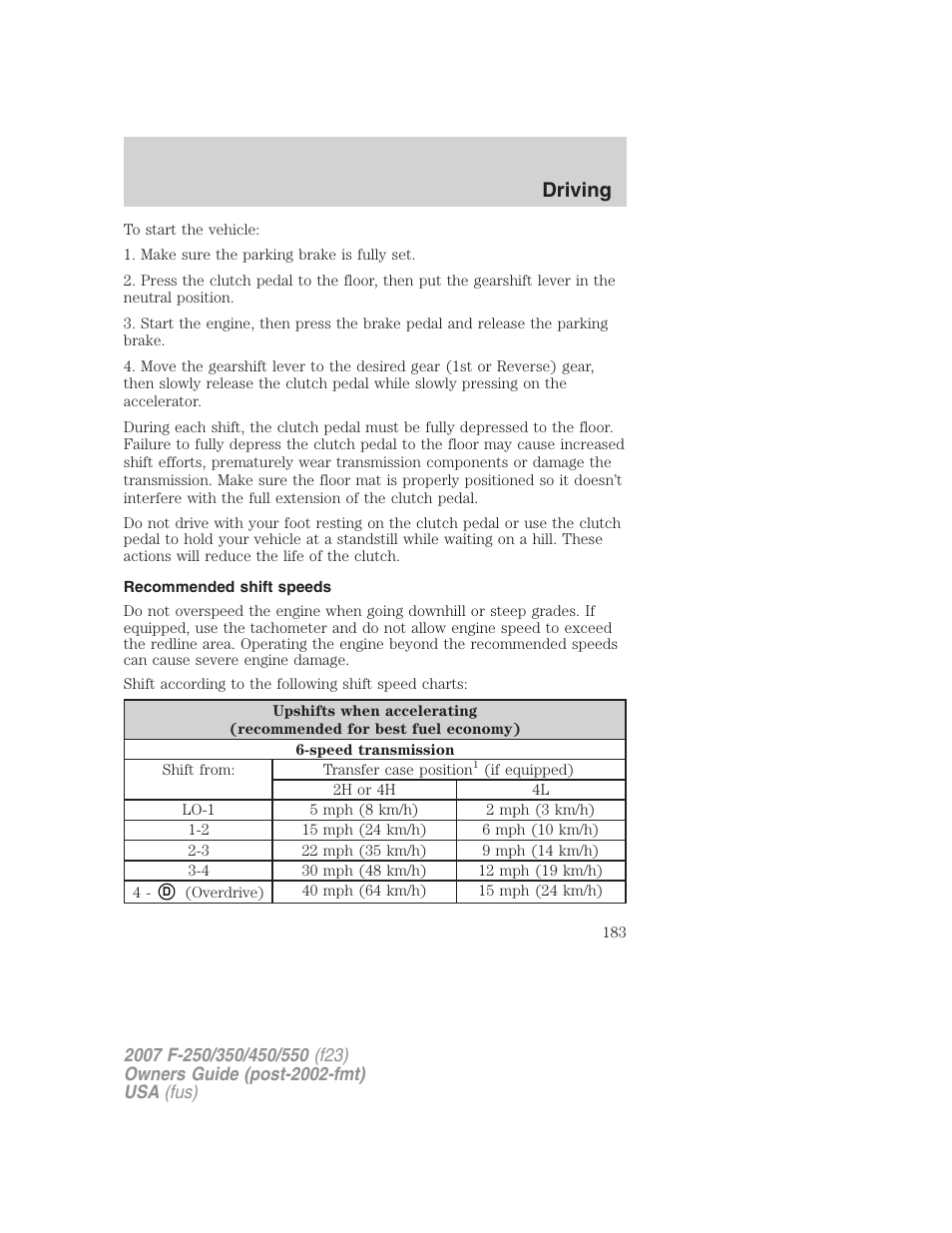 Recommended shift speeds, Driving | FORD 2007 F-550 v.1 User Manual | Page 183 / 312