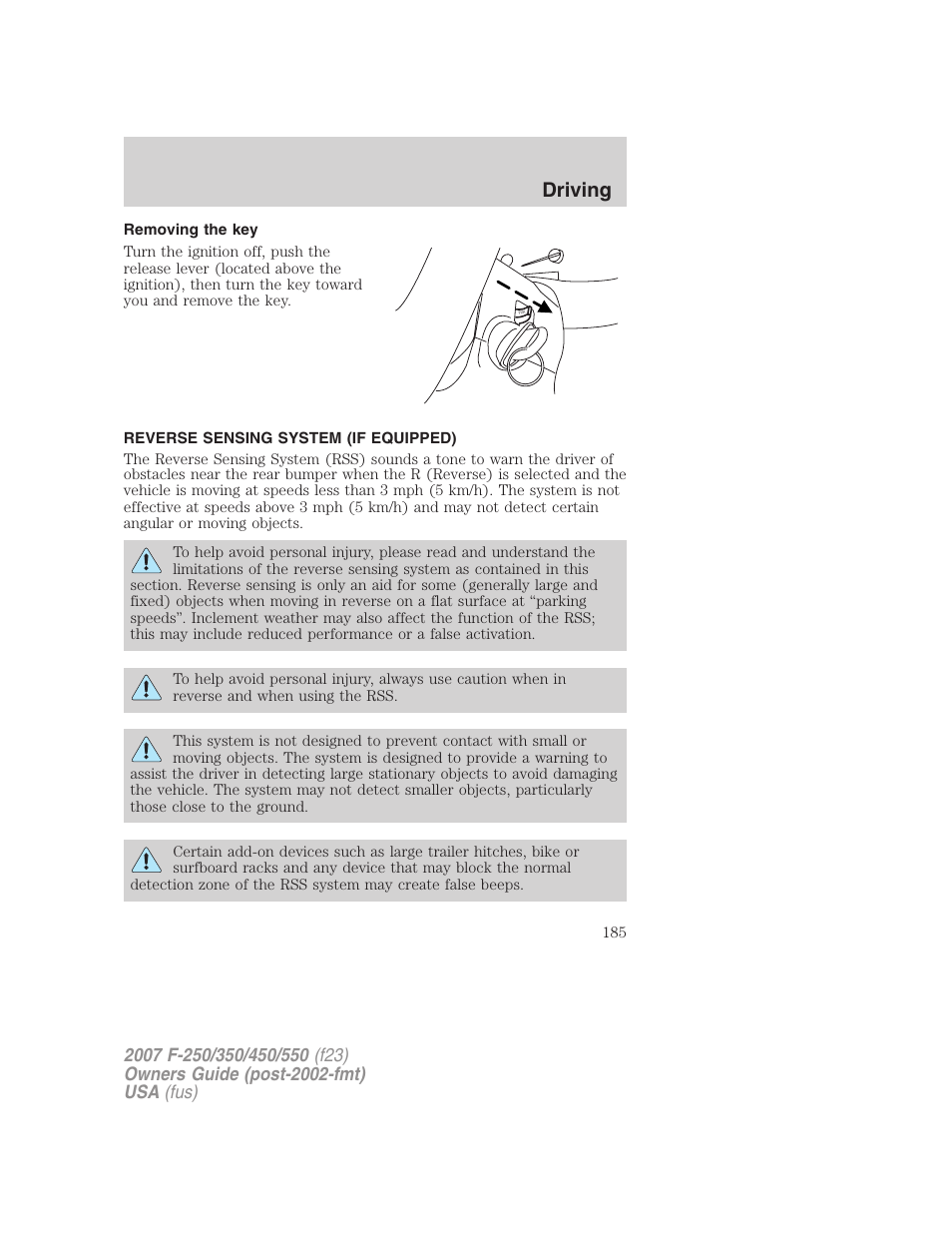 Removing the key, Reverse sensing system (if equipped), Driving | FORD 2007 F-550 v.1 User Manual | Page 185 / 312