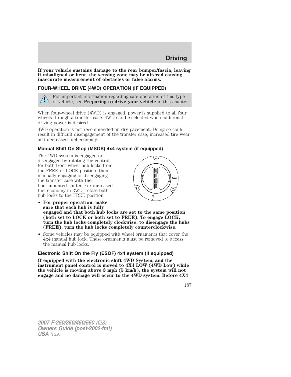 Four-wheel drive (4wd) operation (if equipped), Driving | FORD 2007 F-550 v.1 User Manual | Page 187 / 312