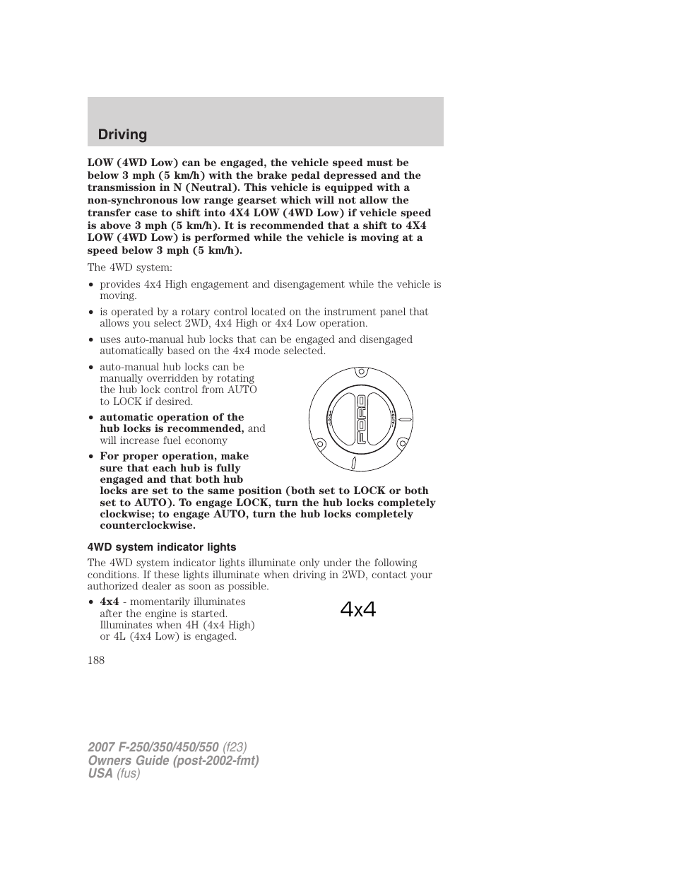 4wd system indicator lights, Driving | FORD 2007 F-550 v.1 User Manual | Page 188 / 312