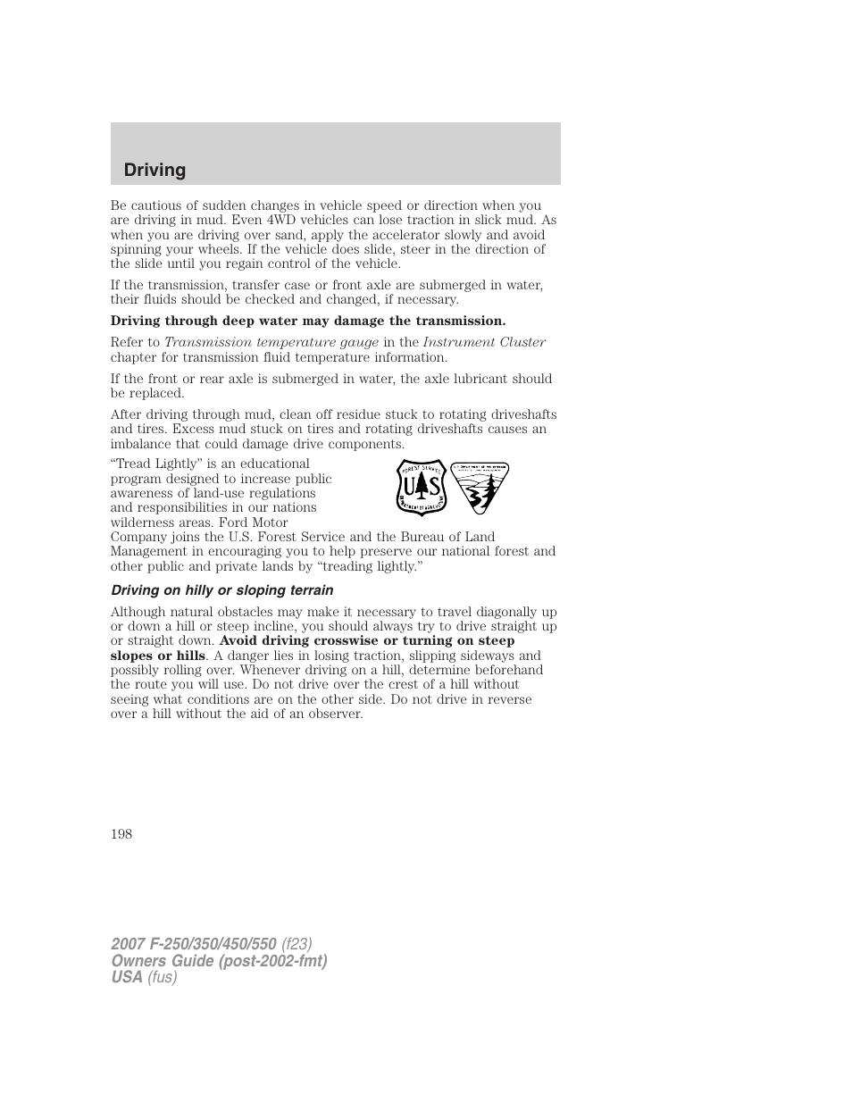 Driving on hilly or sloping terrain, Driving | FORD 2007 F-550 v.1 User Manual | Page 198 / 312