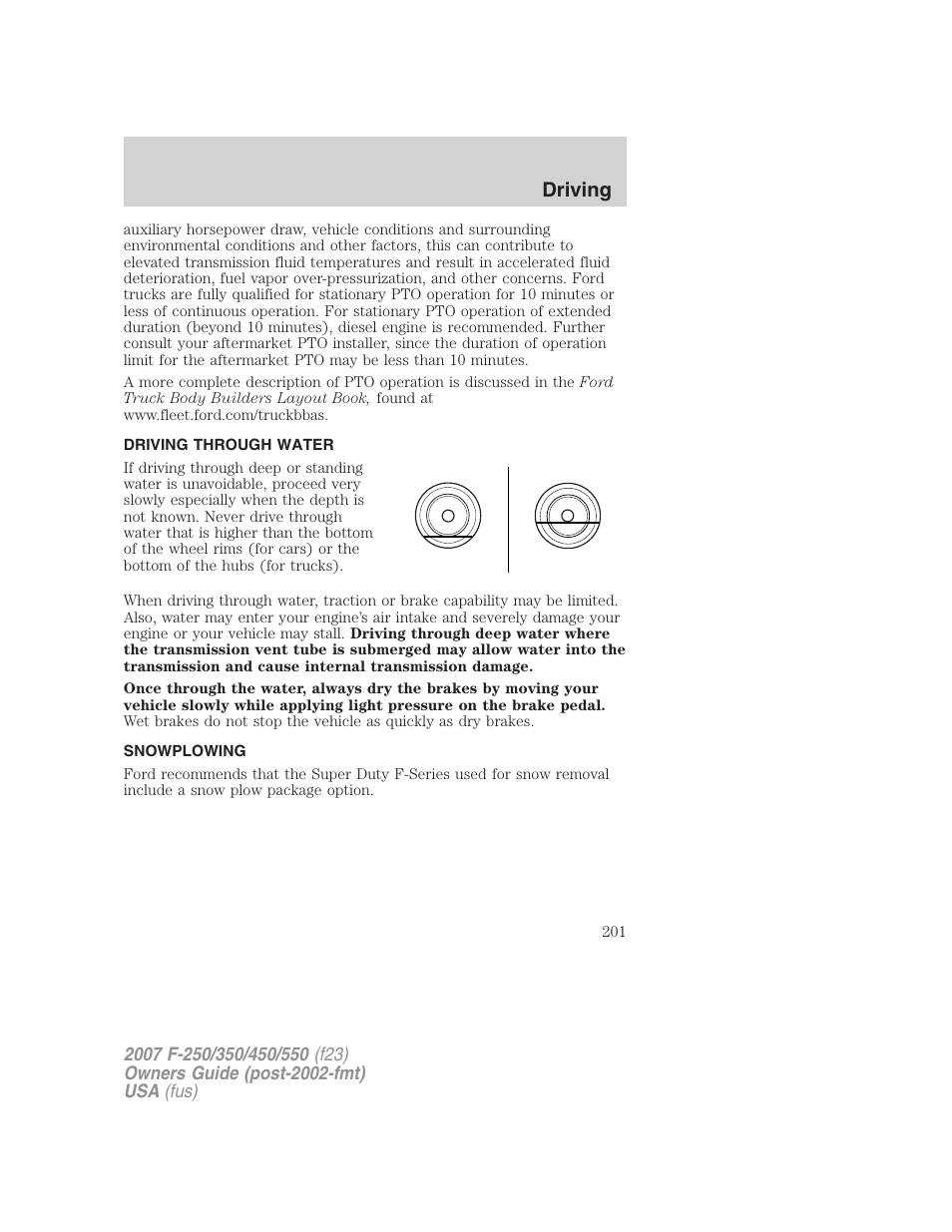 Driving through water, Snowplowing, Driving | FORD 2007 F-550 v.1 User Manual | Page 201 / 312