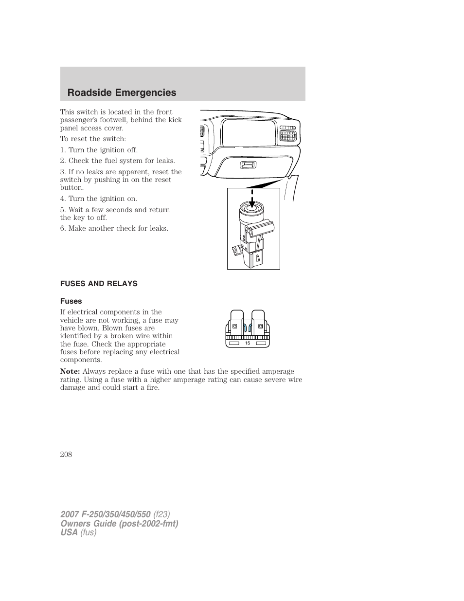 Fuses and relays, Fuses, Roadside emergencies | FORD 2007 F-550 v.1 User Manual | Page 208 / 312