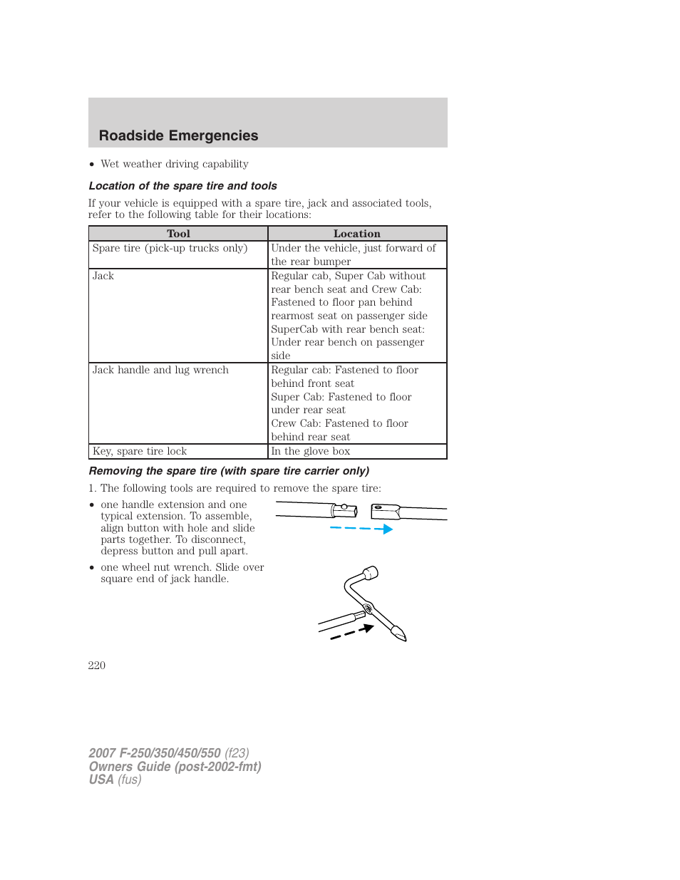 Location of the spare tire and tools, Roadside emergencies | FORD 2007 F-550 v.1 User Manual | Page 220 / 312