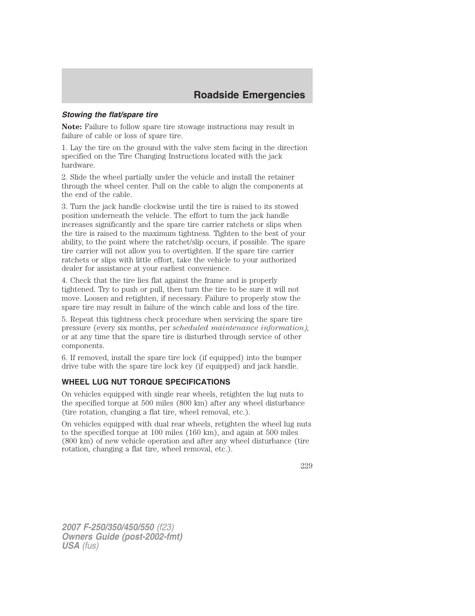 Stowing the flat/spare tire, Wheel lug nut torque specifications, Lug nut torque | Roadside emergencies | FORD 2007 F-550 v.1 User Manual | Page 229 / 312