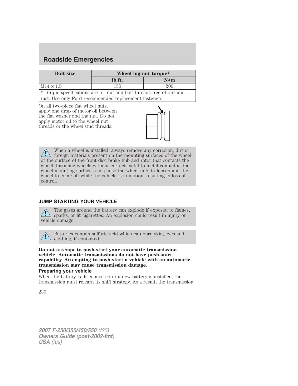 Jump starting your vehicle, Preparing your vehicle, Jump starting | Roadside emergencies | FORD 2007 F-550 v.1 User Manual | Page 230 / 312