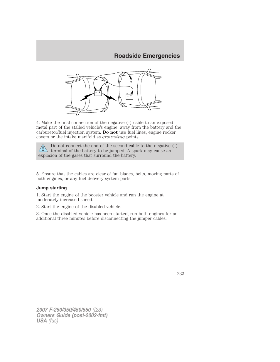 Jump starting, Roadside emergencies | FORD 2007 F-550 v.1 User Manual | Page 233 / 312