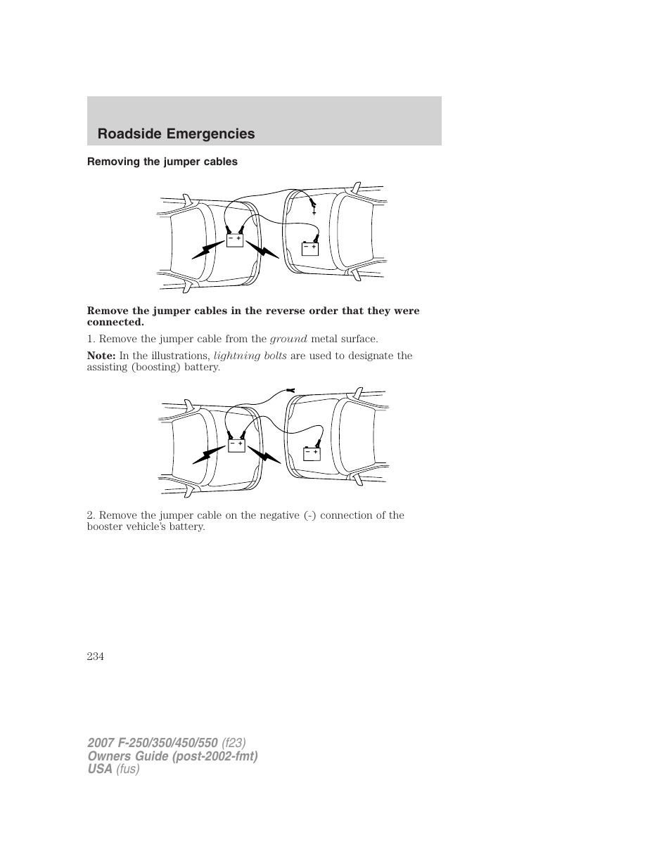 Removing the jumper cables, Roadside emergencies | FORD 2007 F-550 v.1 User Manual | Page 234 / 312