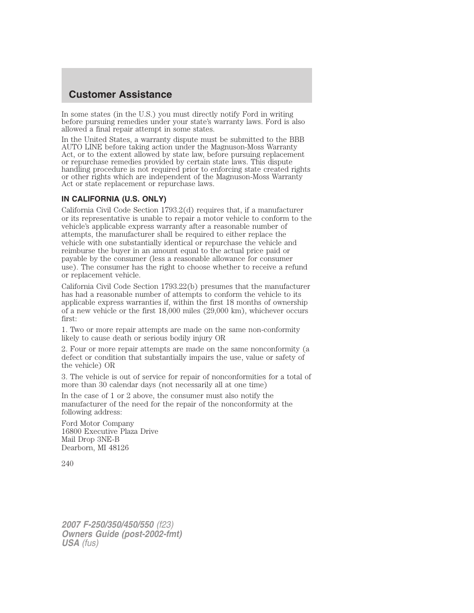 In california (u.s. only), Customer assistance | FORD 2007 F-550 v.1 User Manual | Page 240 / 312