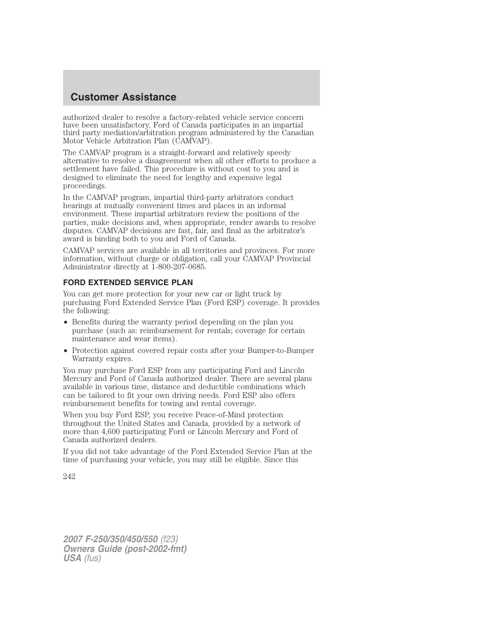 Ford extended service plan, Customer assistance | FORD 2007 F-550 v.1 User Manual | Page 242 / 312