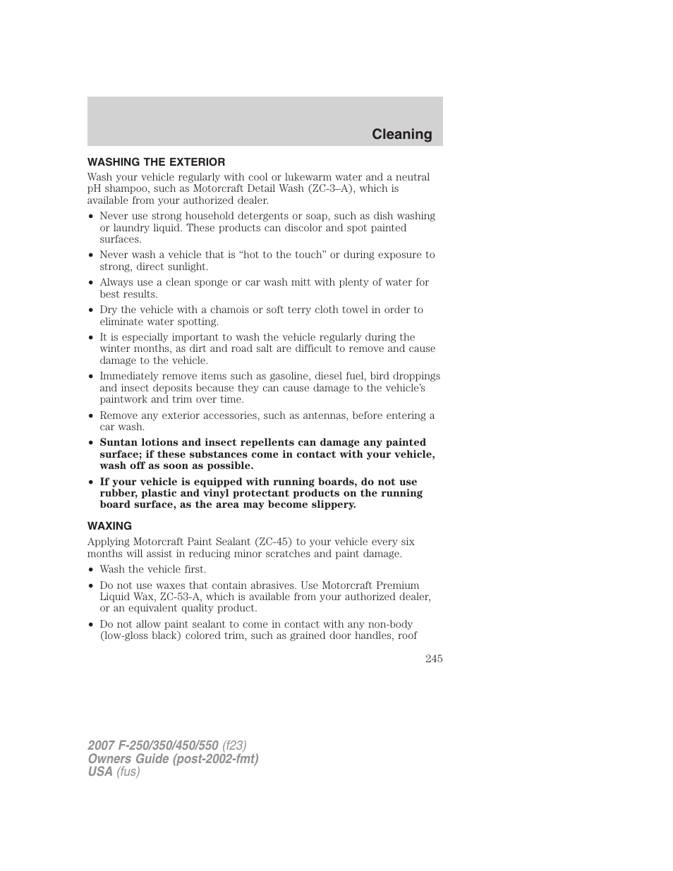 Cleaning, Washing the exterior, Waxing | FORD 2007 F-550 v.1 User Manual | Page 245 / 312