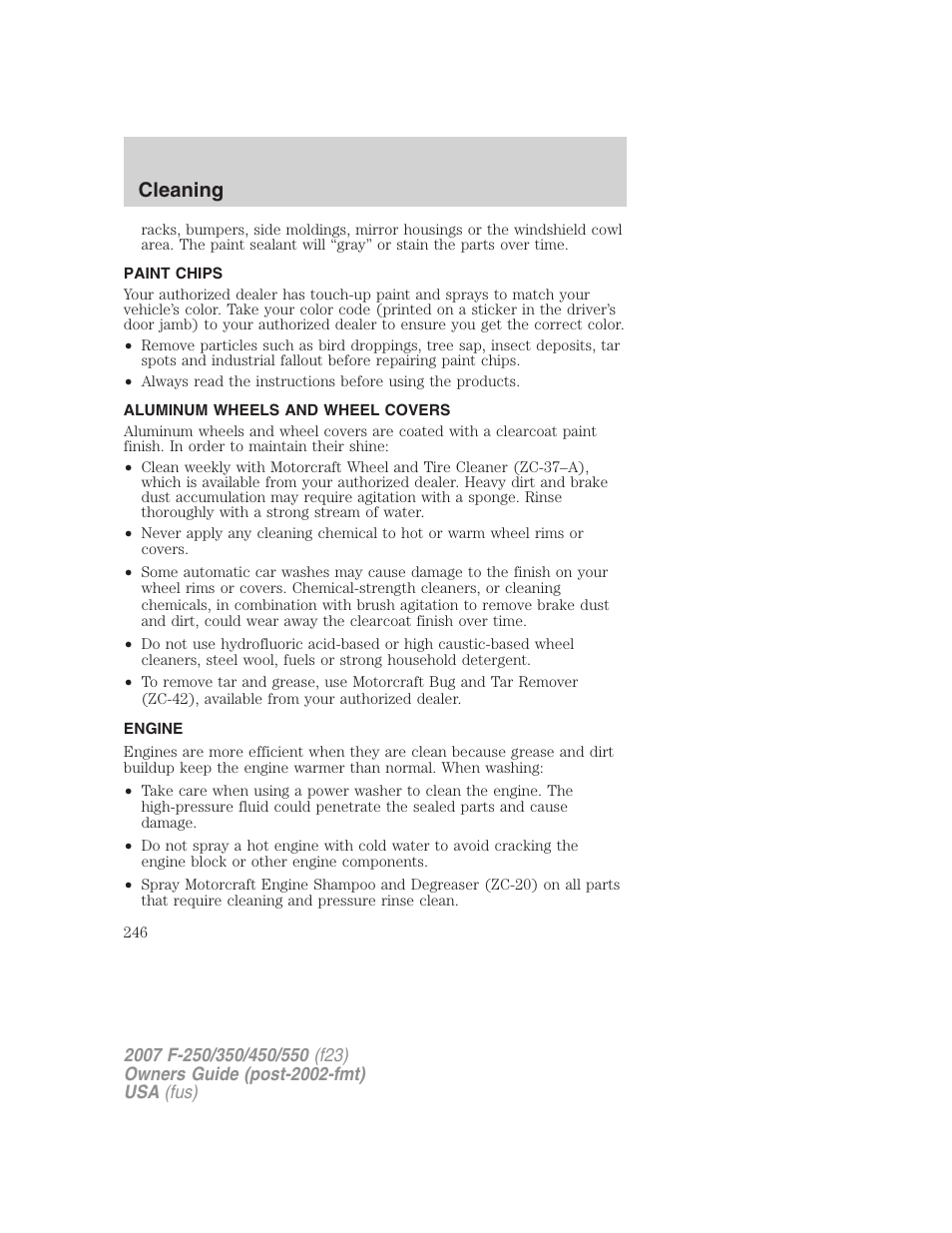 Paint chips, Aluminum wheels and wheel covers, Engine | Cleaning | FORD 2007 F-550 v.1 User Manual | Page 246 / 312