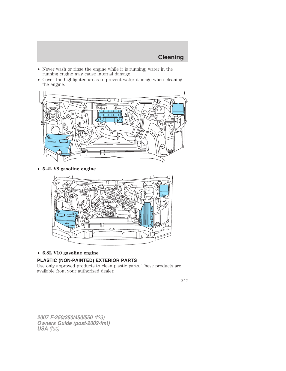 Plastic (non-painted) exterior parts, Cleaning | FORD 2007 F-550 v.1 User Manual | Page 247 / 312