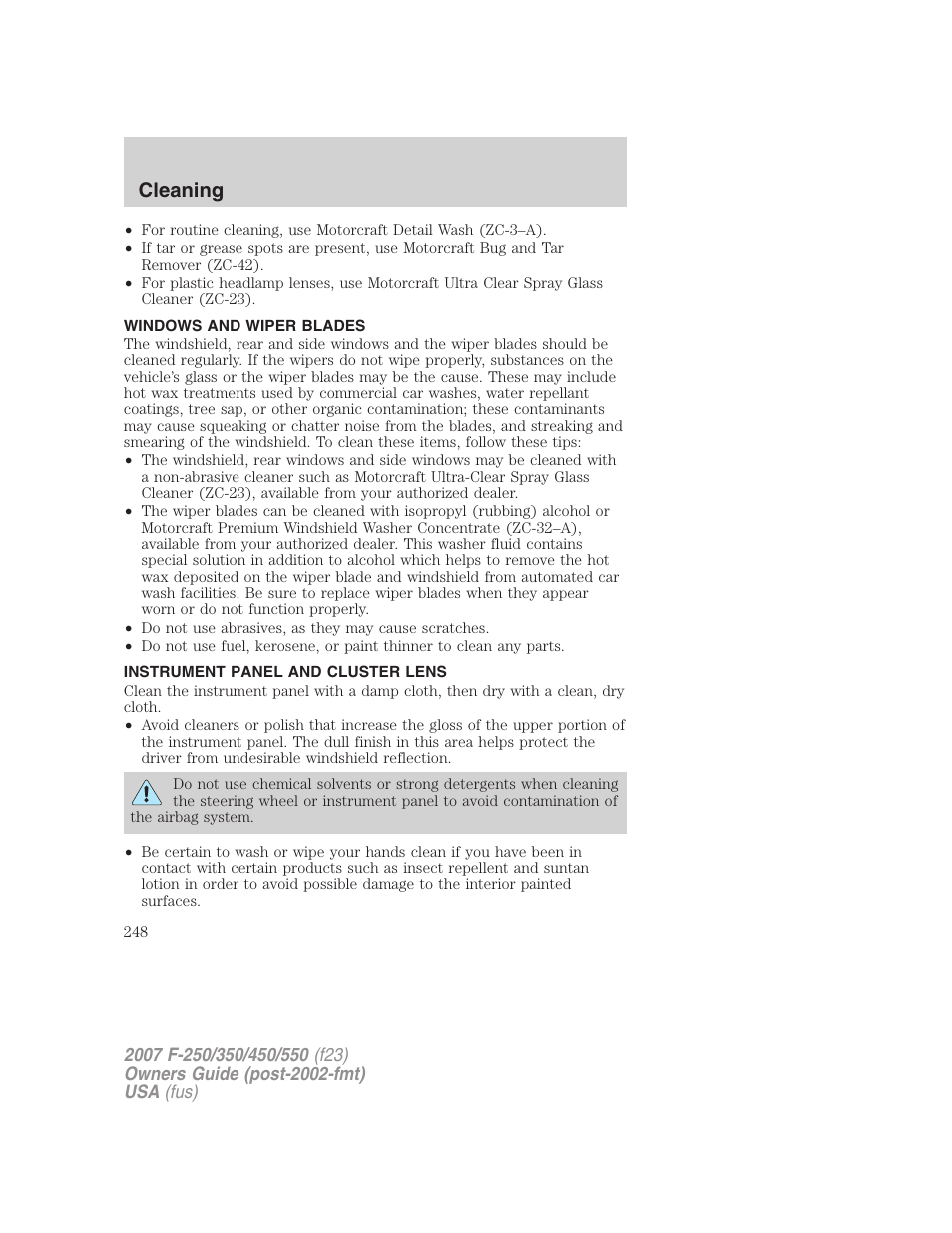 Windows and wiper blades, Instrument panel and cluster lens, Cleaning | FORD 2007 F-550 v.1 User Manual | Page 248 / 312