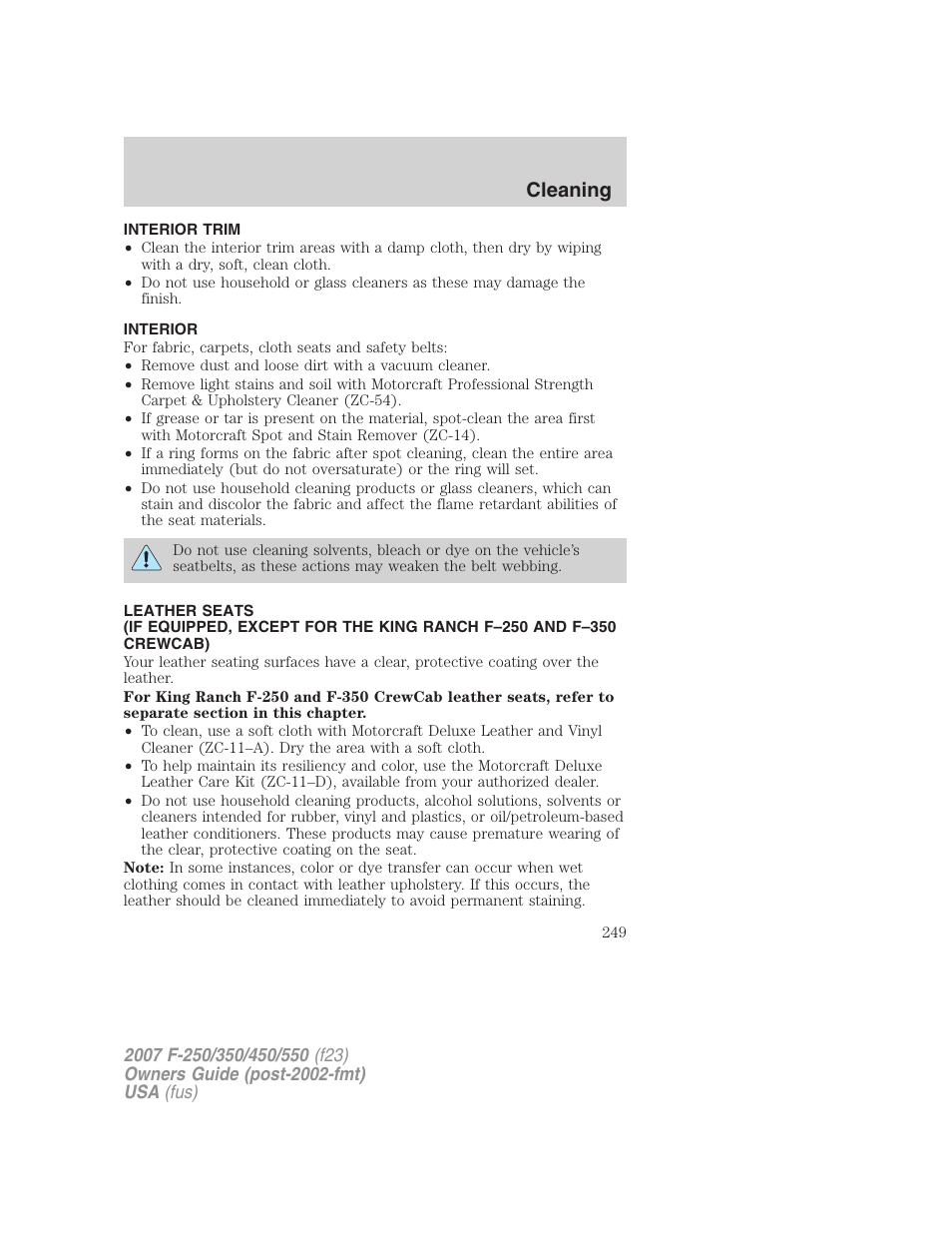 Interior trim, Interior, Cleaning | FORD 2007 F-550 v.1 User Manual | Page 249 / 312
