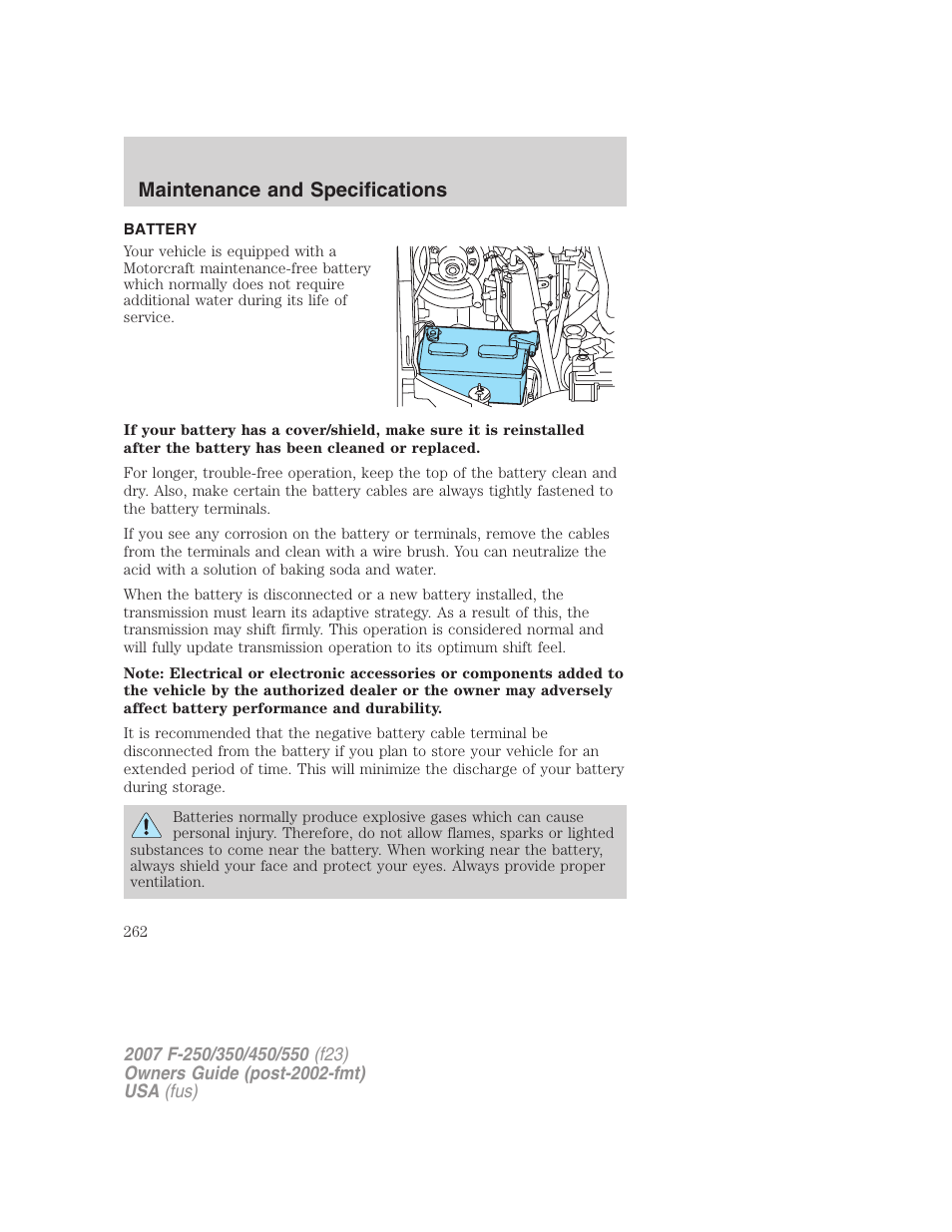 Battery, Maintenance and specifications | FORD 2007 F-550 v.1 User Manual | Page 262 / 312