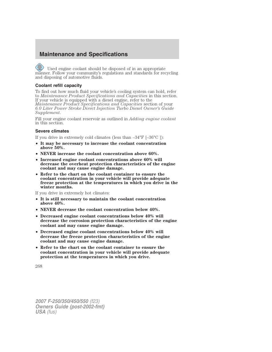 Coolant refill capacity, Severe climates, Maintenance and specifications | FORD 2007 F-550 v.1 User Manual | Page 268 / 312