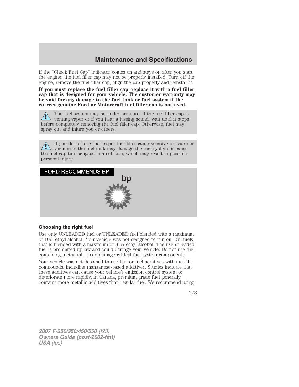 Choosing the right fuel, Maintenance and specifications | FORD 2007 F-550 v.1 User Manual | Page 273 / 312