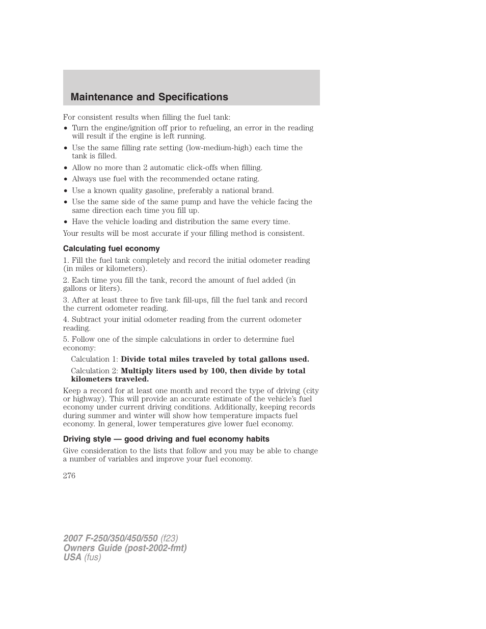 Calculating fuel economy, Maintenance and specifications | FORD 2007 F-550 v.1 User Manual | Page 276 / 312