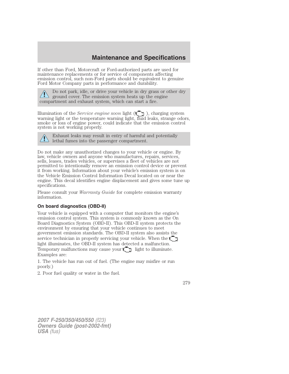 On board diagnostics (obd-ii), Maintenance and specifications | FORD 2007 F-550 v.1 User Manual | Page 279 / 312